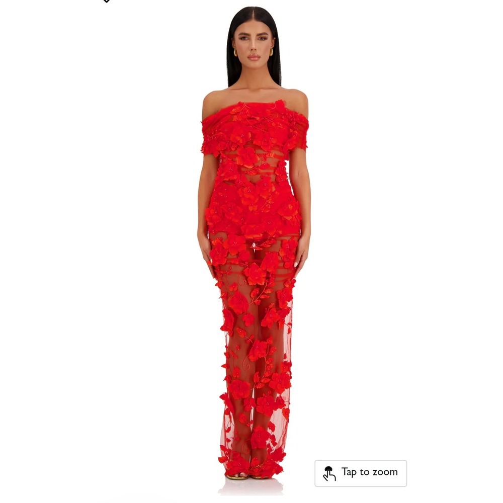 Alamour The Label Scarlet Off-Shoulder Floral Appliqué Maxi Gown